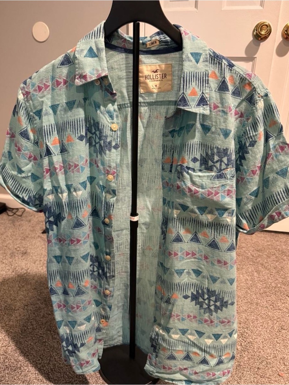 Hollister Men’s Linen Blend Aztec Geometric Button Up Shirt Medium M